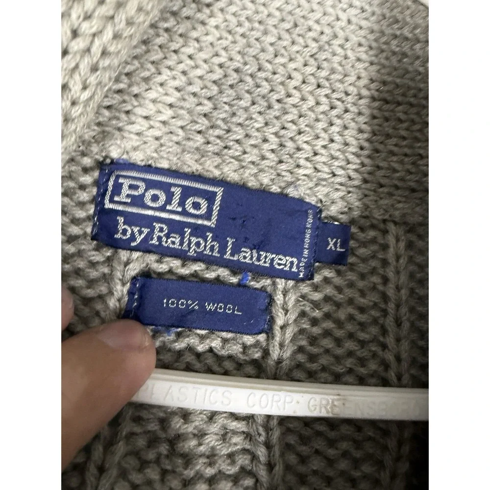 VTG Polo Ralph Lauren Wool Cardigan Mens XL Beige Shawl Collar Button Cable Knit